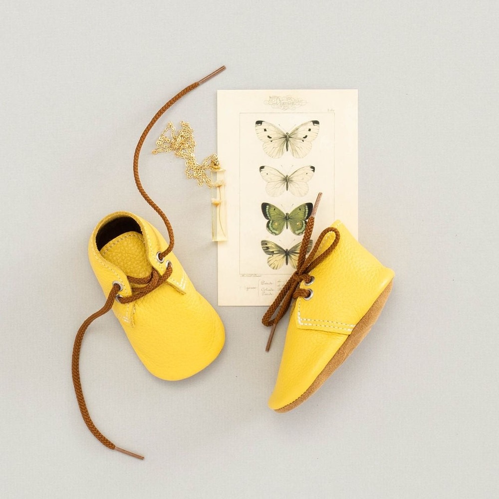 Mon Petit Shoes Handmade Yellow Pebbled‎ Leather Oxford Baby Booties Gift Size 3